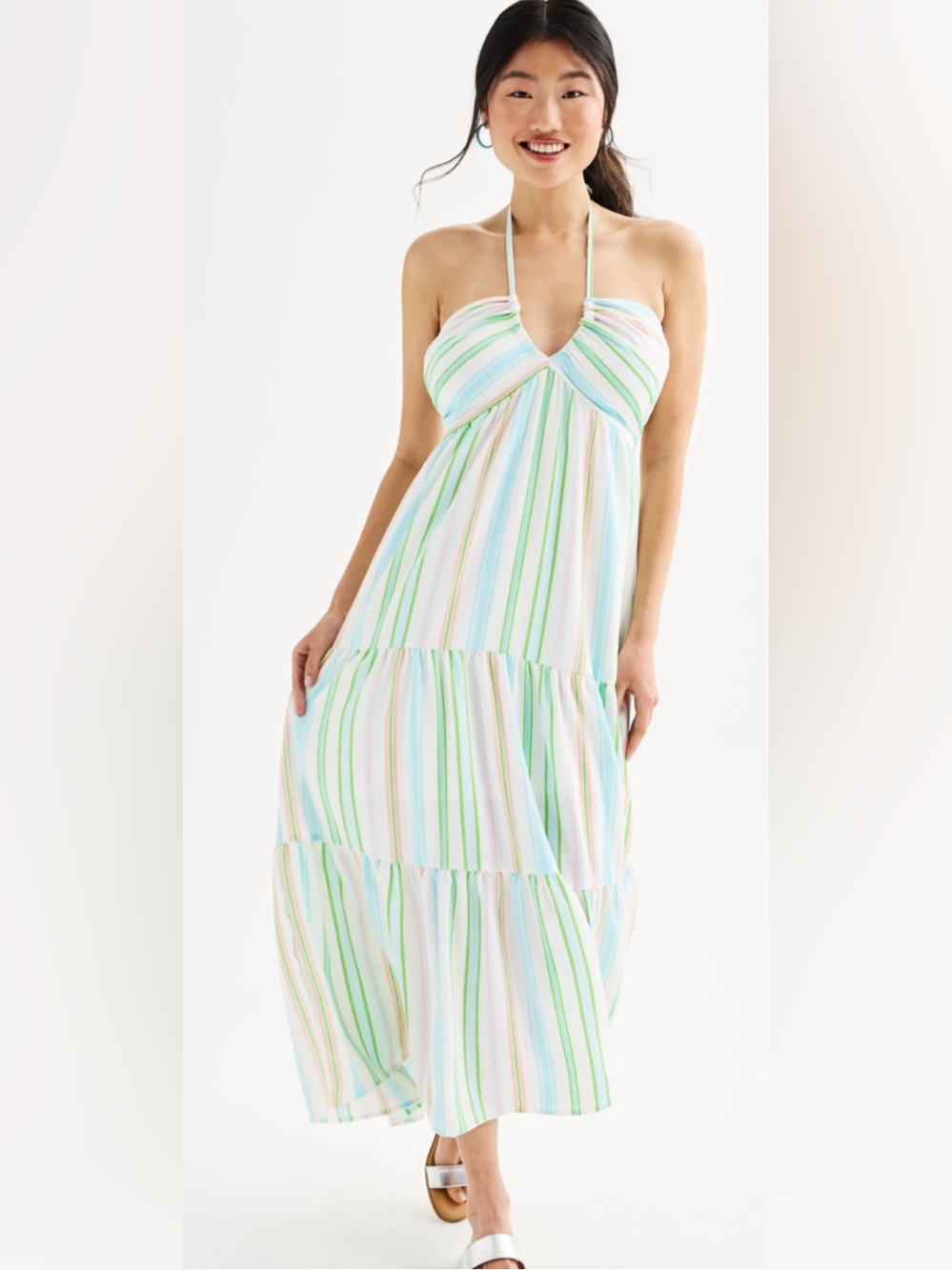 NWT Almost Famous halter neck maxi dress tiered skirt pink blue green stripes L